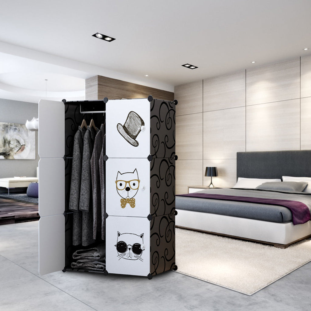 NNEAGS 6 Cubes Black Portable Wardrobe Divide-Grid Modular Storage Organiser Foldable Closet