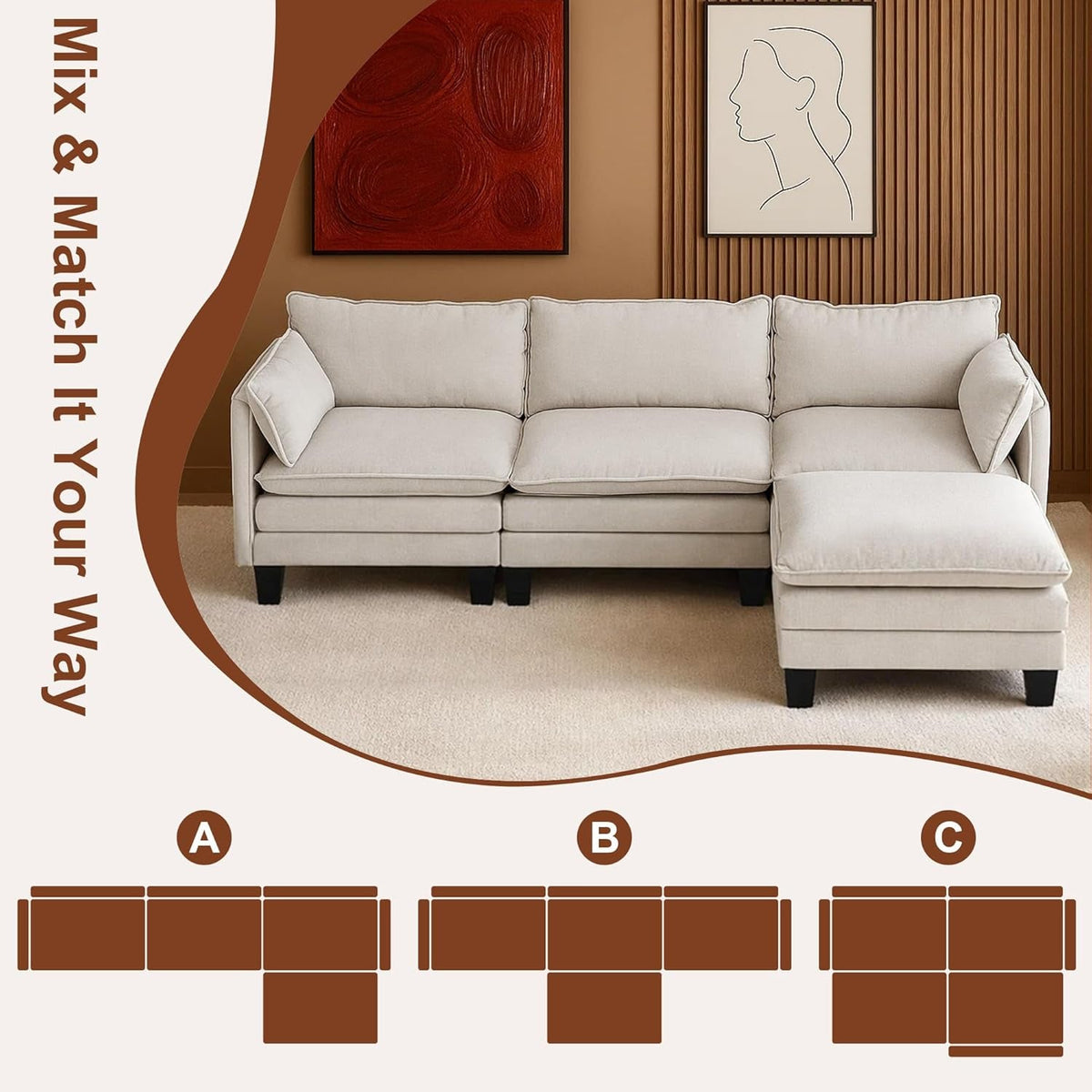 111Inch Modular Sectional Sofa Beige Upholstered Cushions