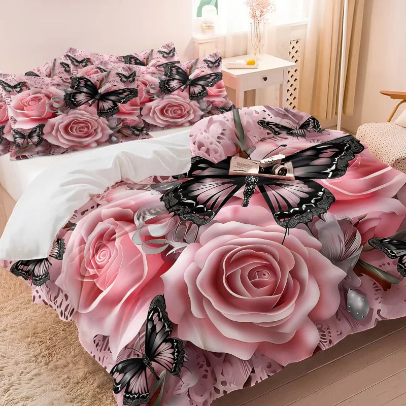 Pink Rose Black Butterfly Print Duvet Cover Set Lace Floral Bedding Soft Comforter Shams Romantic Aesthetic Bedroom Decor