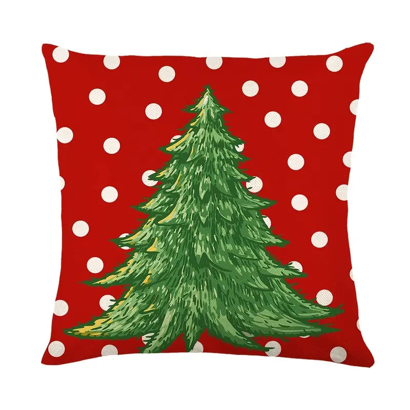 Linen Throw Pillow Case with Christmas Hat & Tree Print