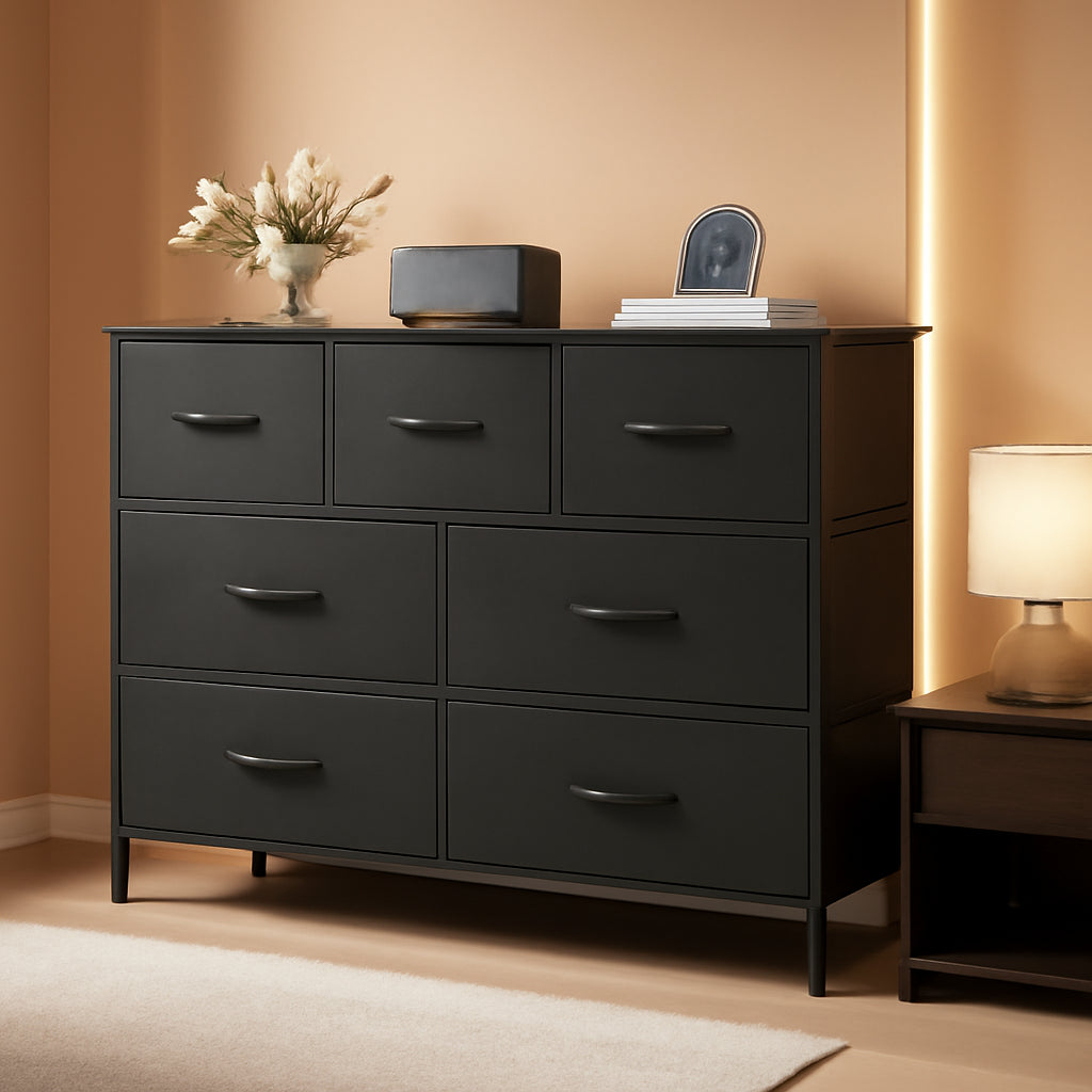 Black Seven Drawer Vertical Dresser Bedroom Storage