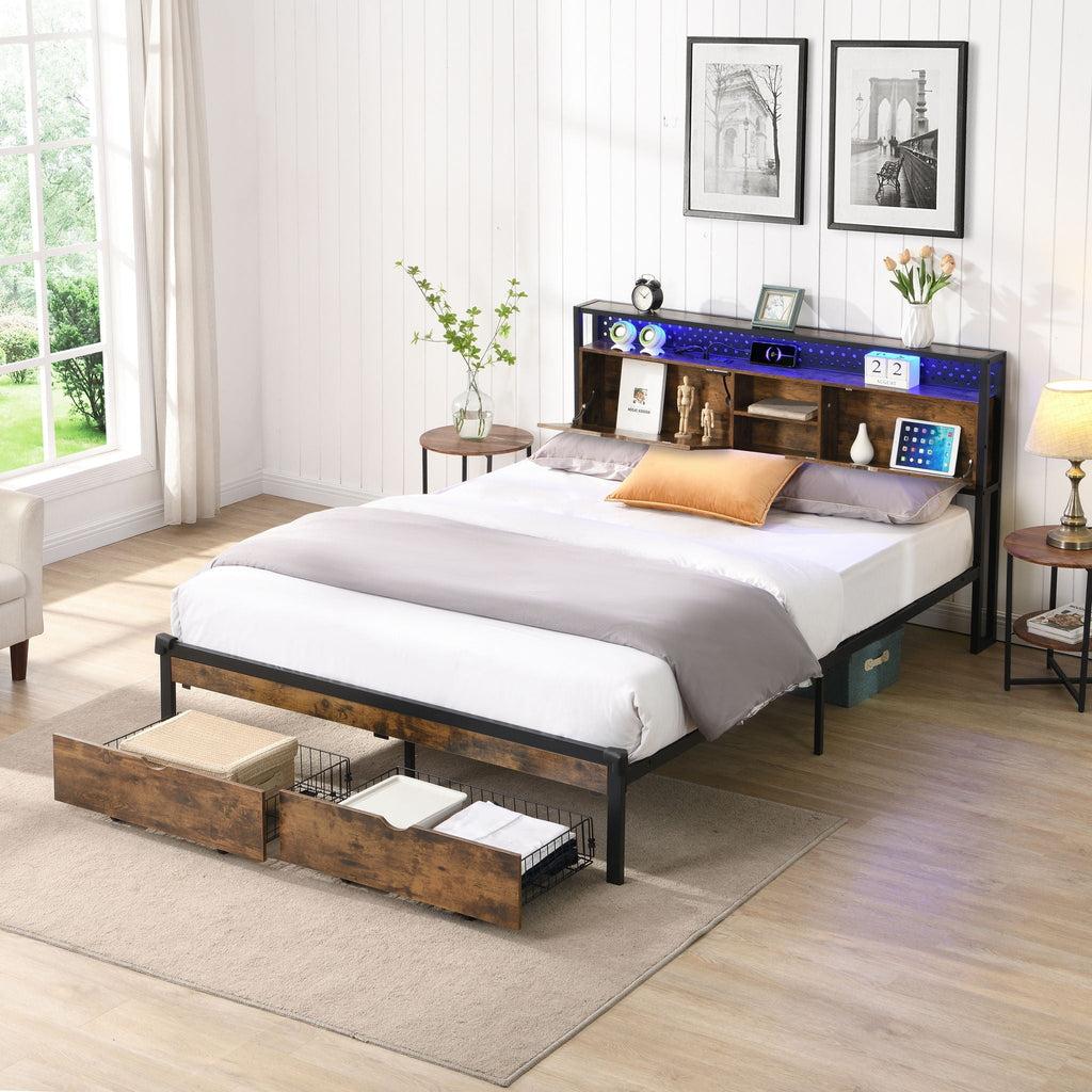 Modern Metal Platform Bed Frame with Wooden Headboard and Storage