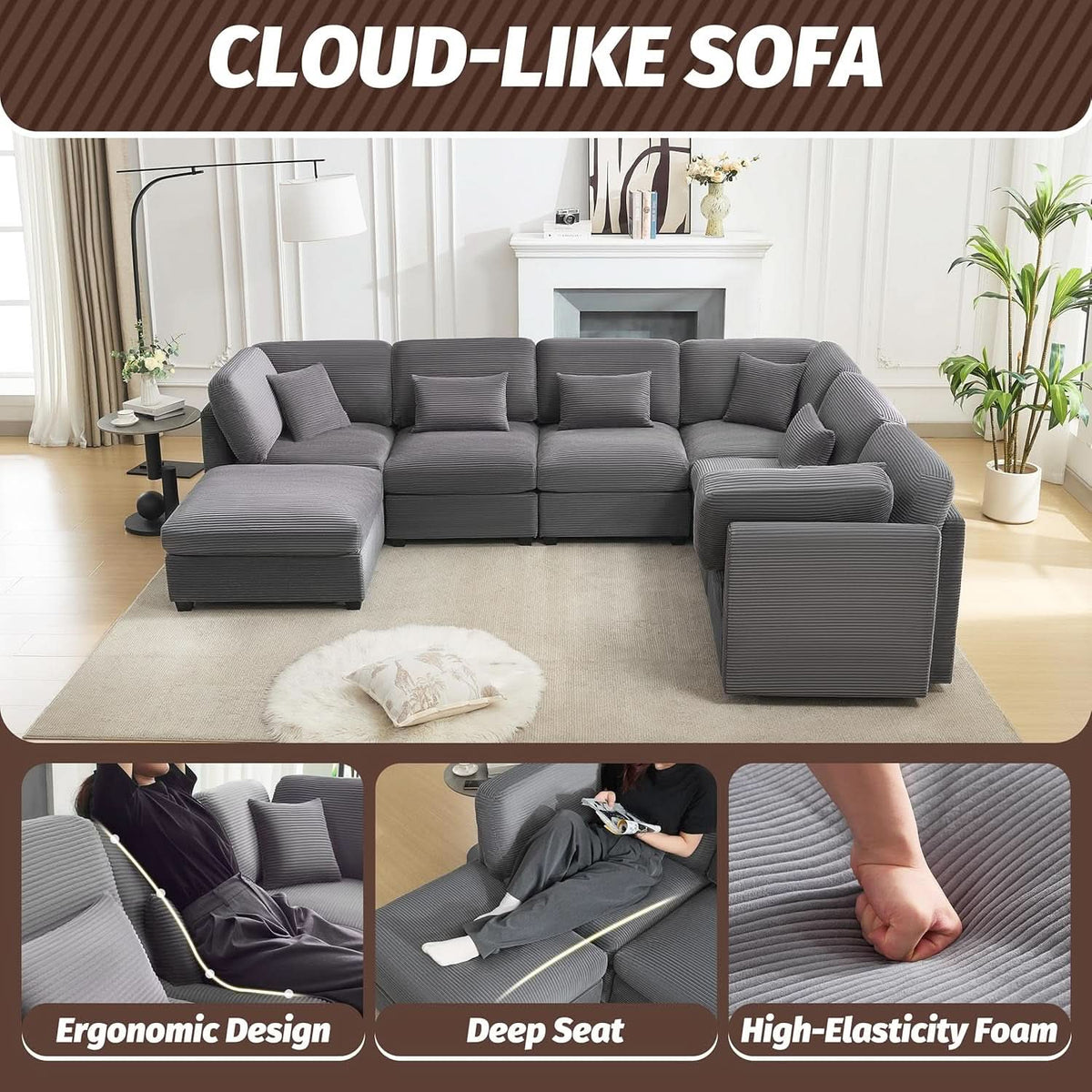 125Inch Oversized Corduroy Cloud Sleeper Grey Sofa
