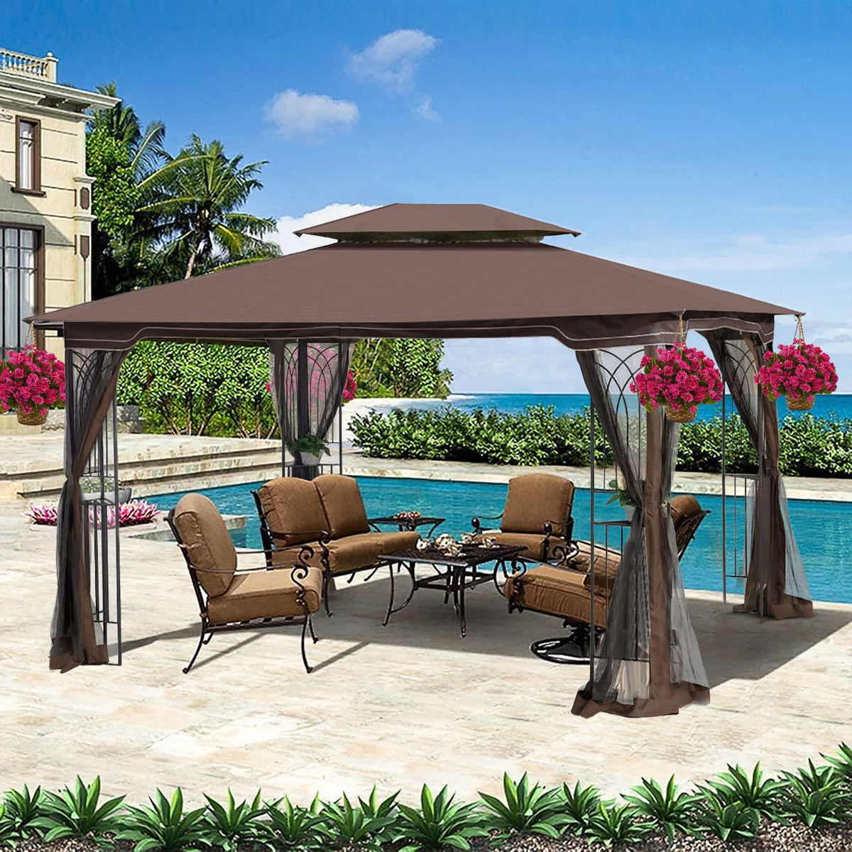 13 0 Outdoor Patio Gazebo Canopy Tent With Ventilated Double Roof And Mosquito Net (Detachable Mesh Screen On All Sides) Suitable For Lawn Garden Backyard And Deck Top - Brown