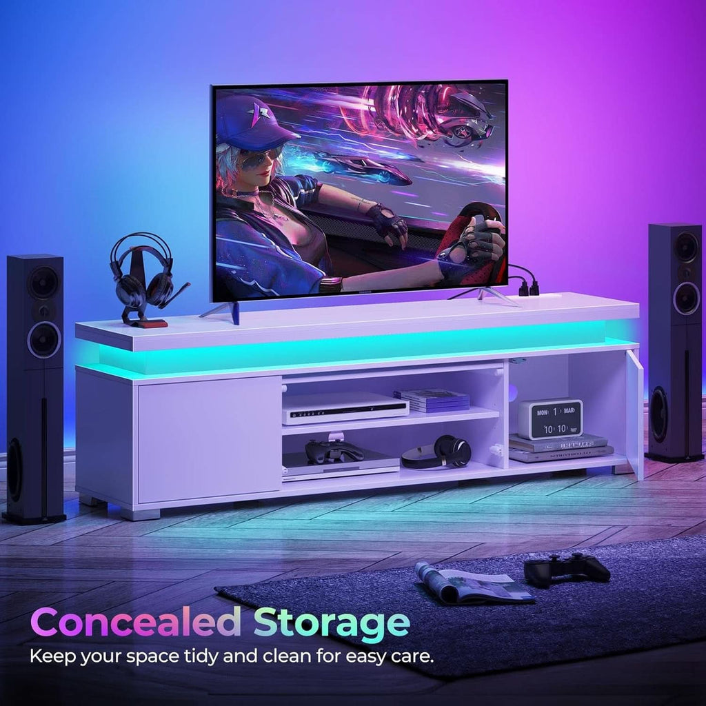 White Illuminated Television Stand With Power Outlet