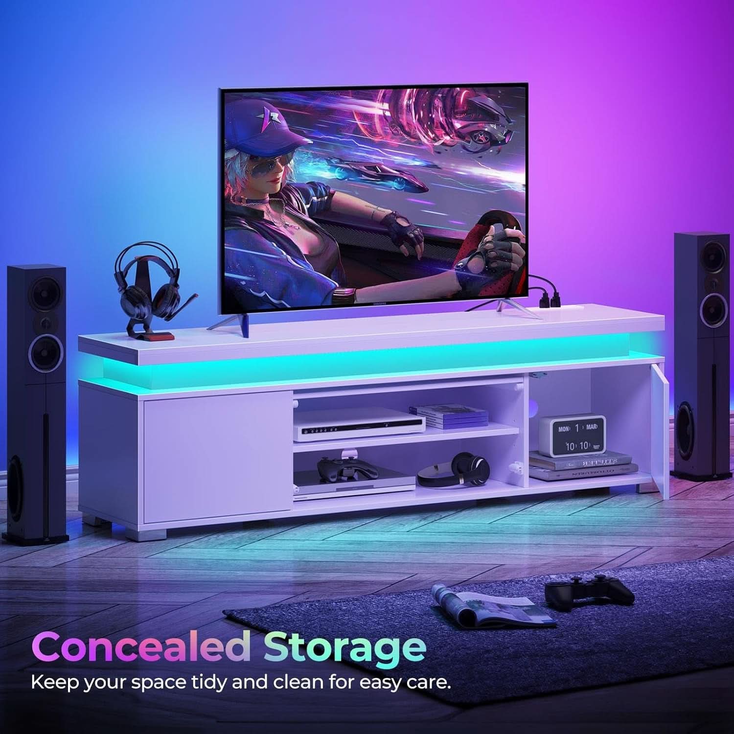 White Illuminated Television Stand With Power Outlet