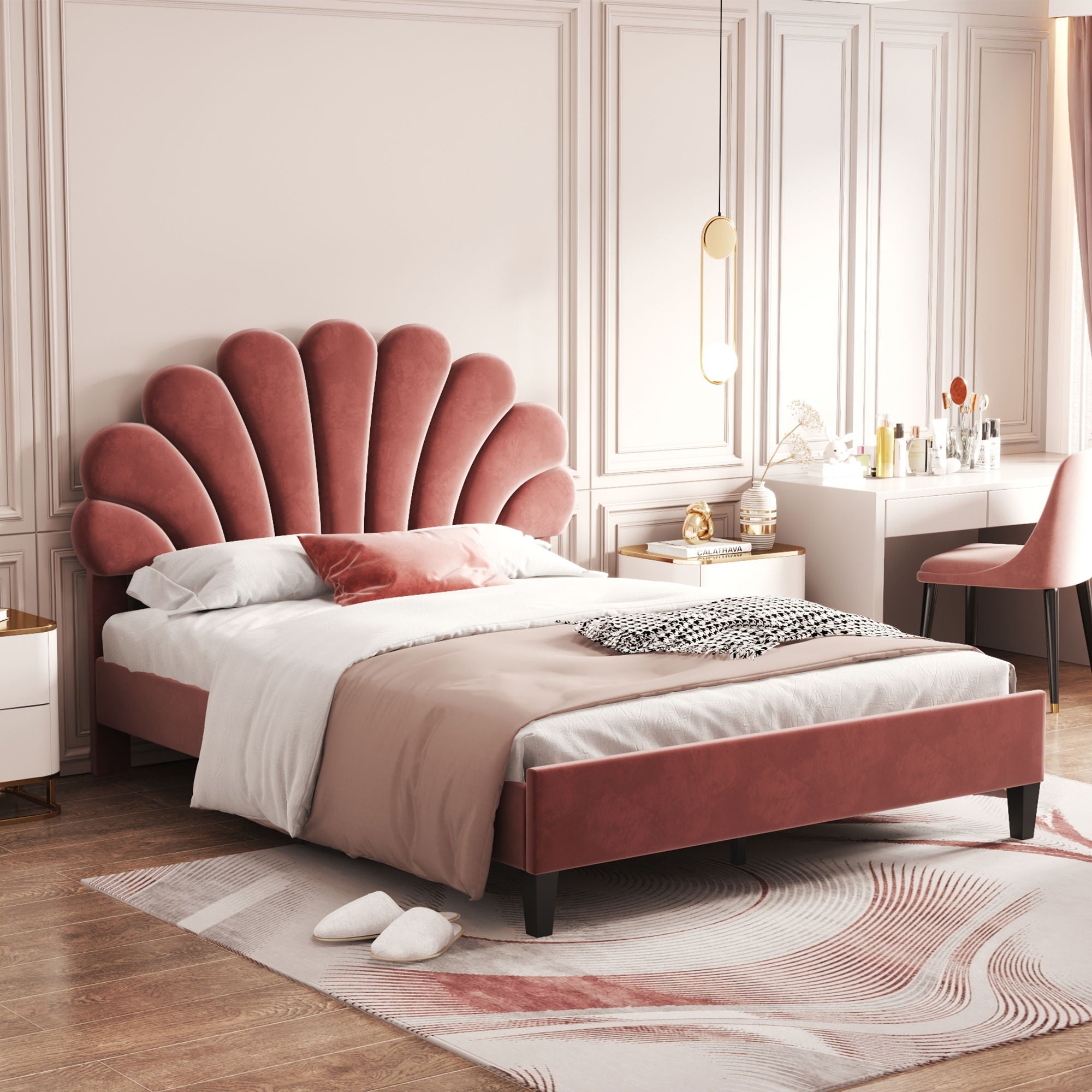 Upholstered Platform Bed With Flower Pattern Headboard