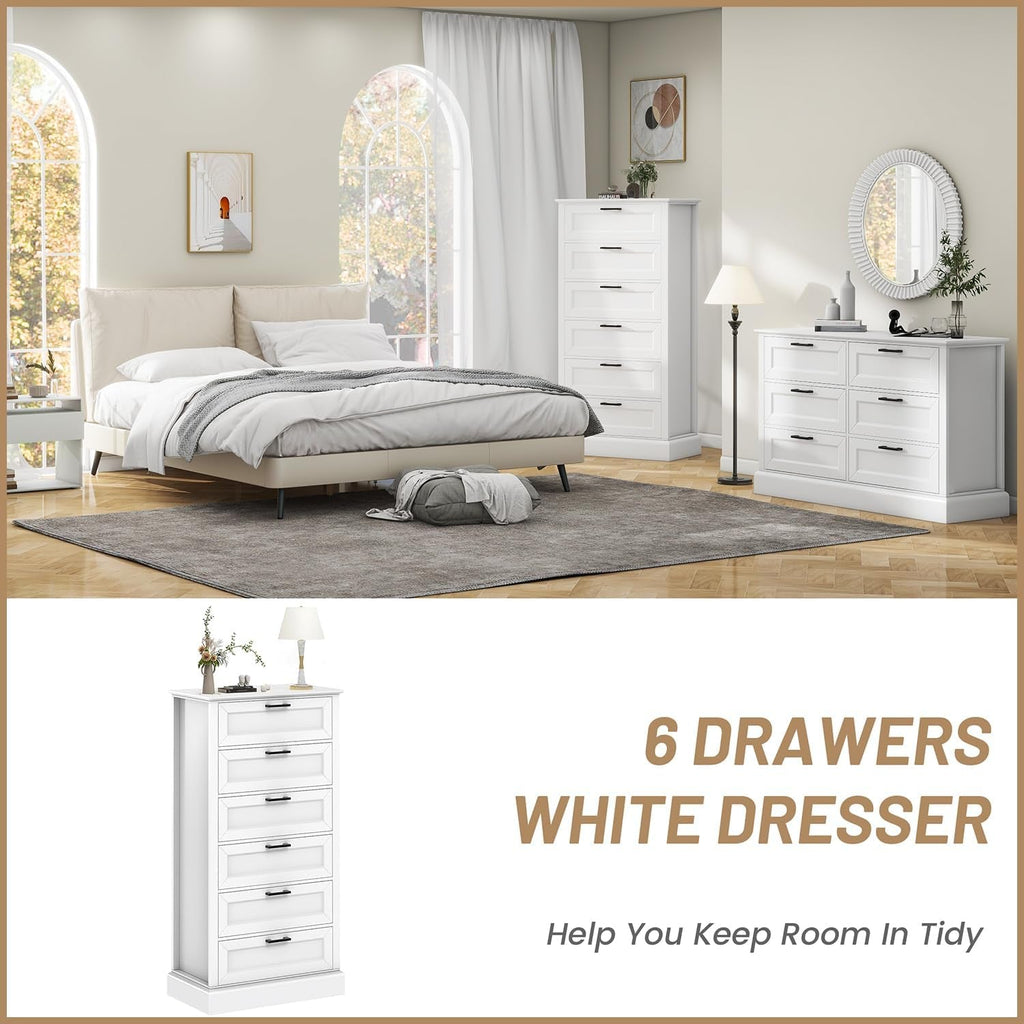 Tall White Six Drawer Contemporary Dresser Bedroom