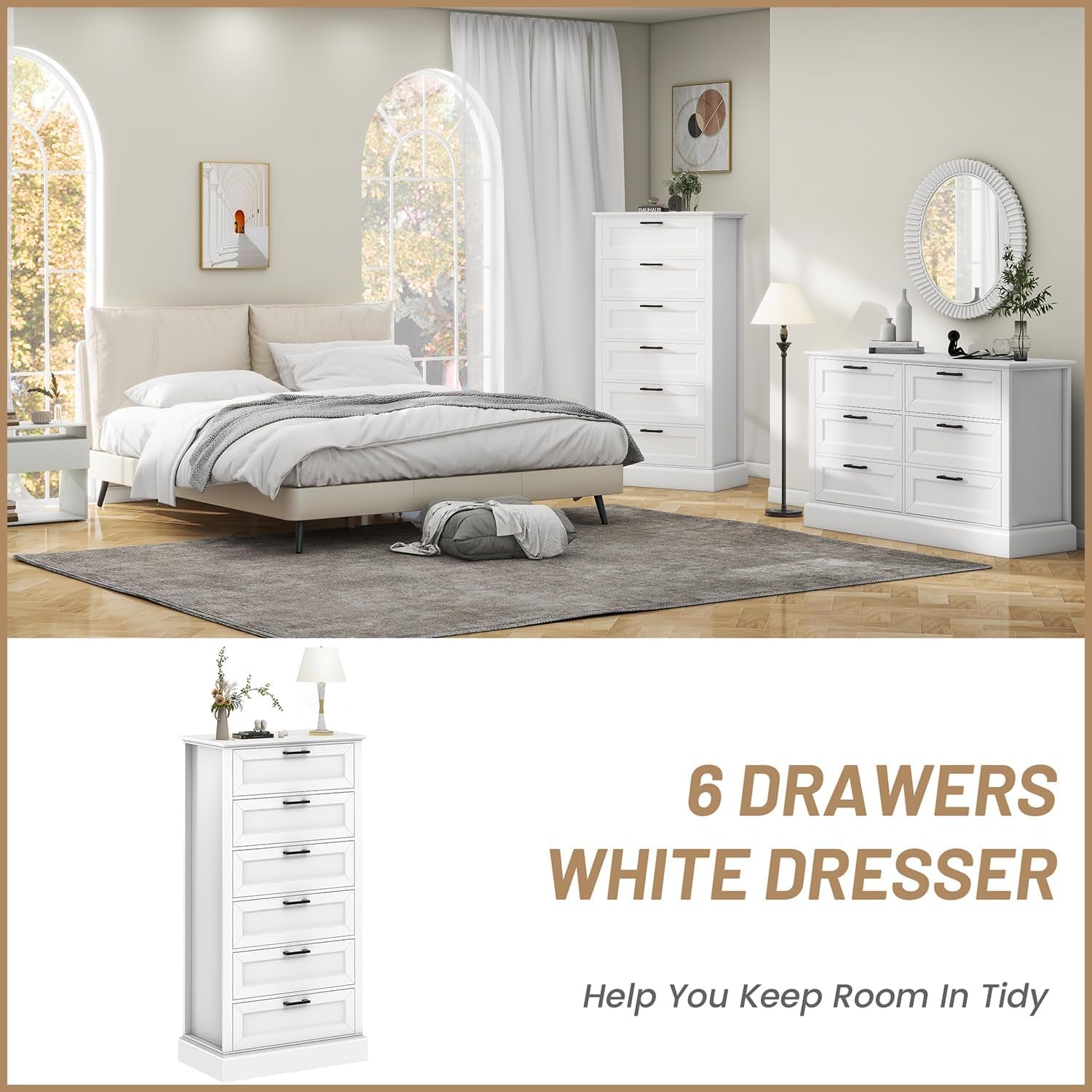 Tall White Six Drawer Contemporary Dresser Bedroom