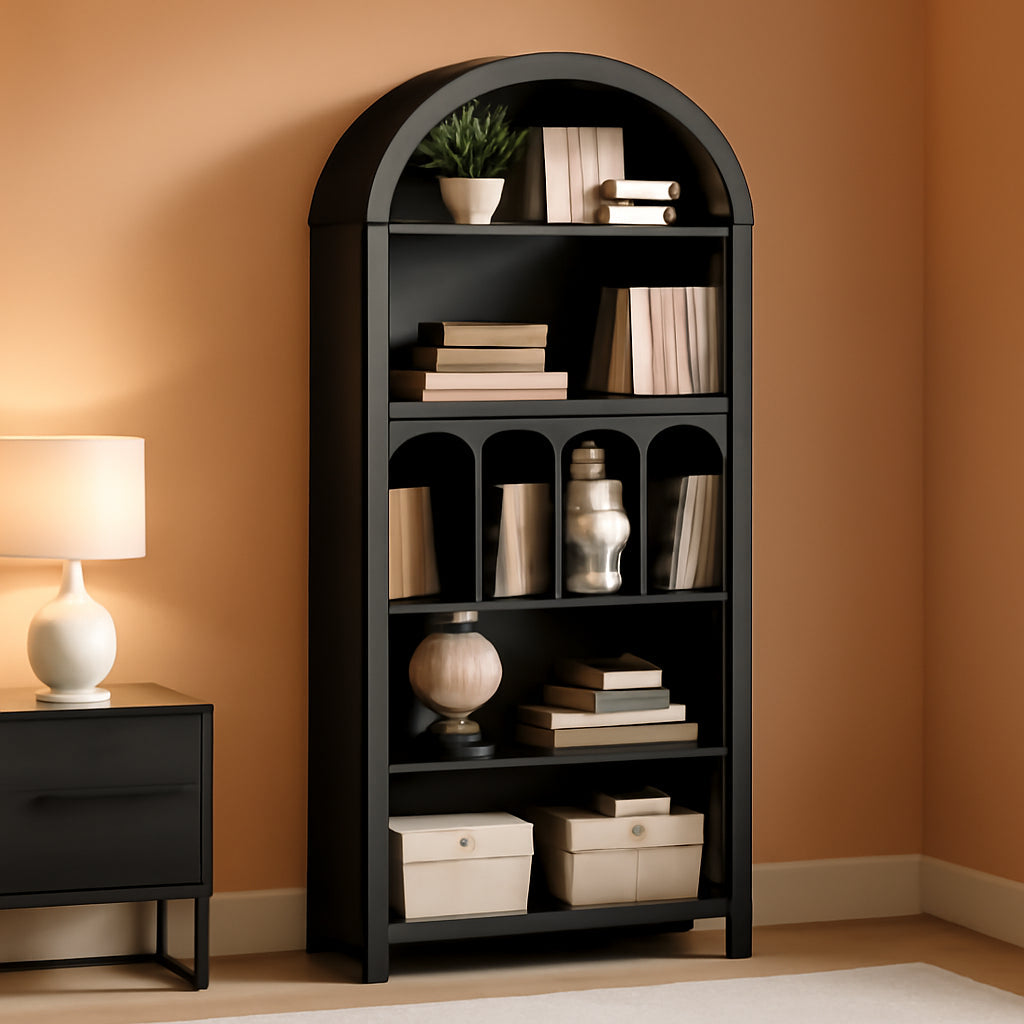 Black Five Tier Arched Bookcase For Bedroom Storage