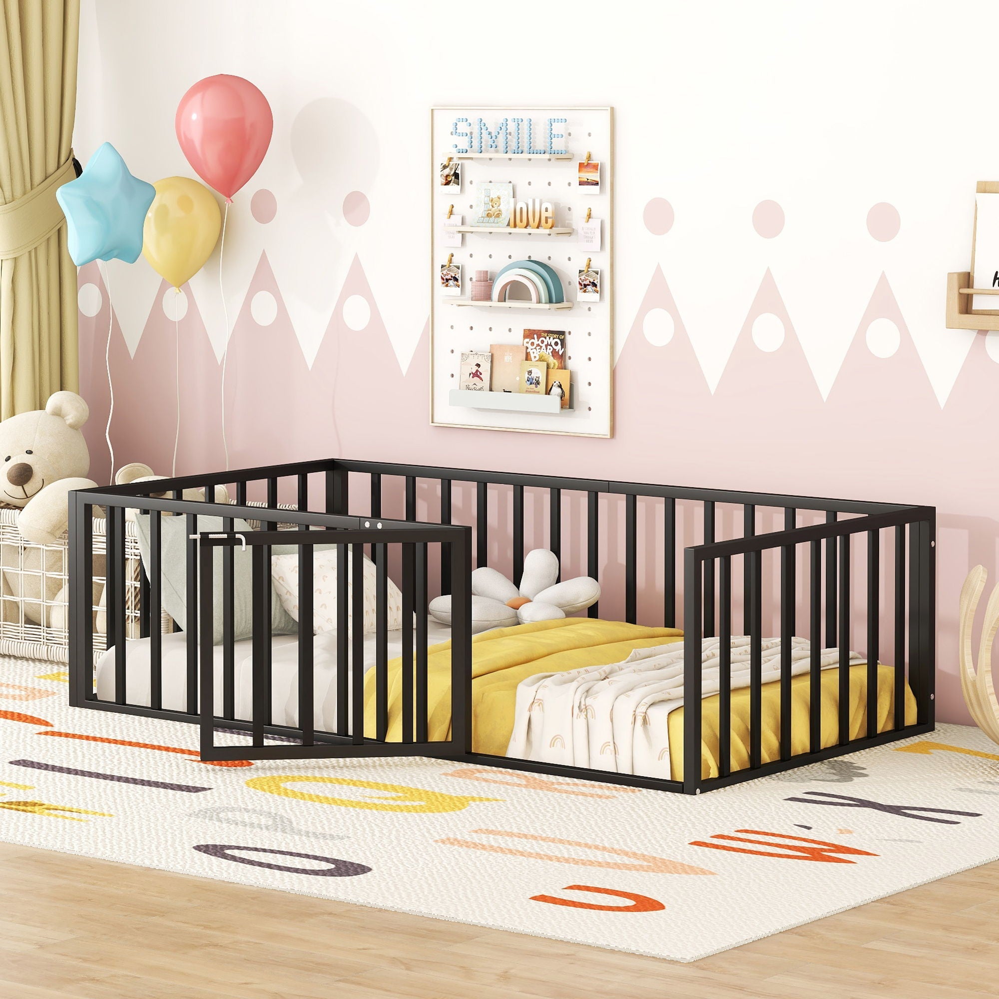 Metal Floor Bed Frame With Fence And Door
