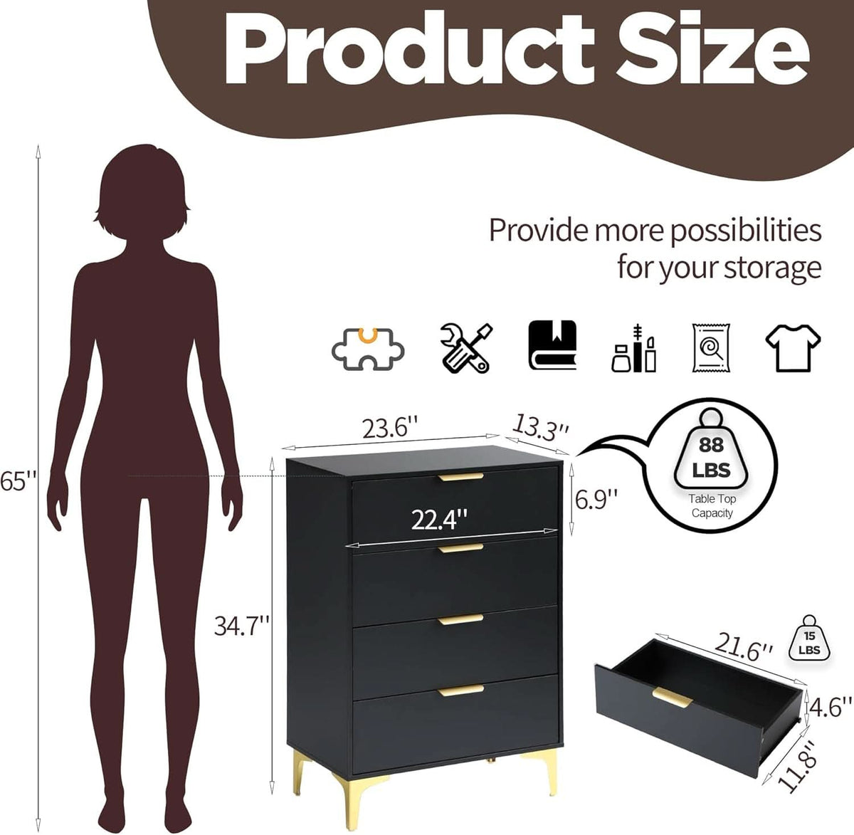 4 Drawer Black Wood Dresser For Bedroom Living Room