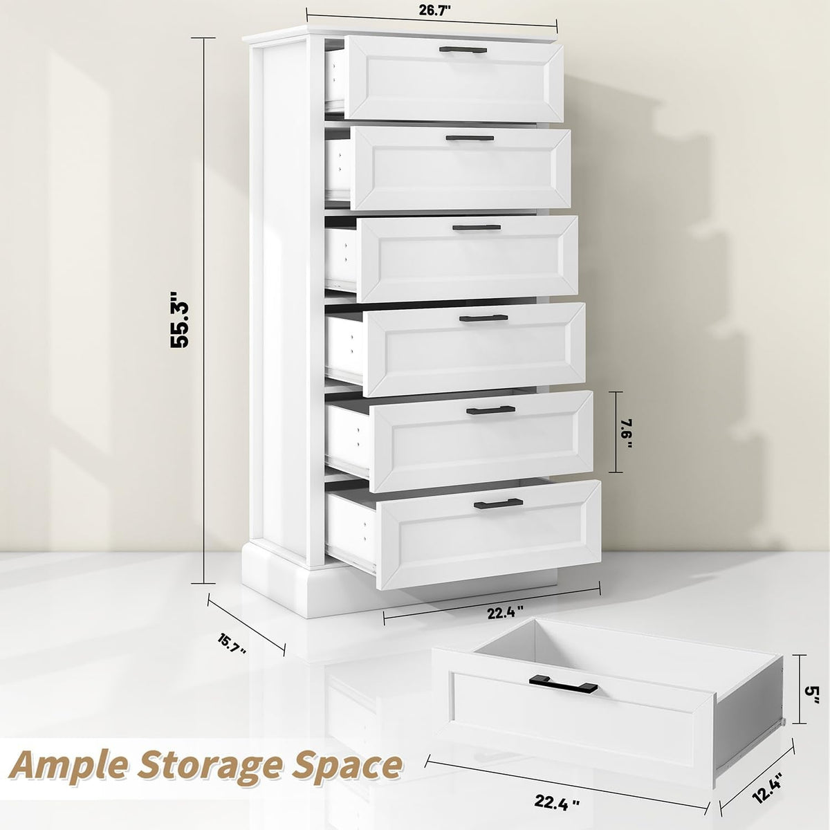 Tall White Six Drawer Contemporary Dresser Bedroom