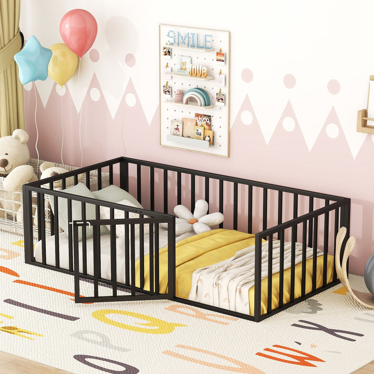 Metal Floor Bed Frame With Fence And Door