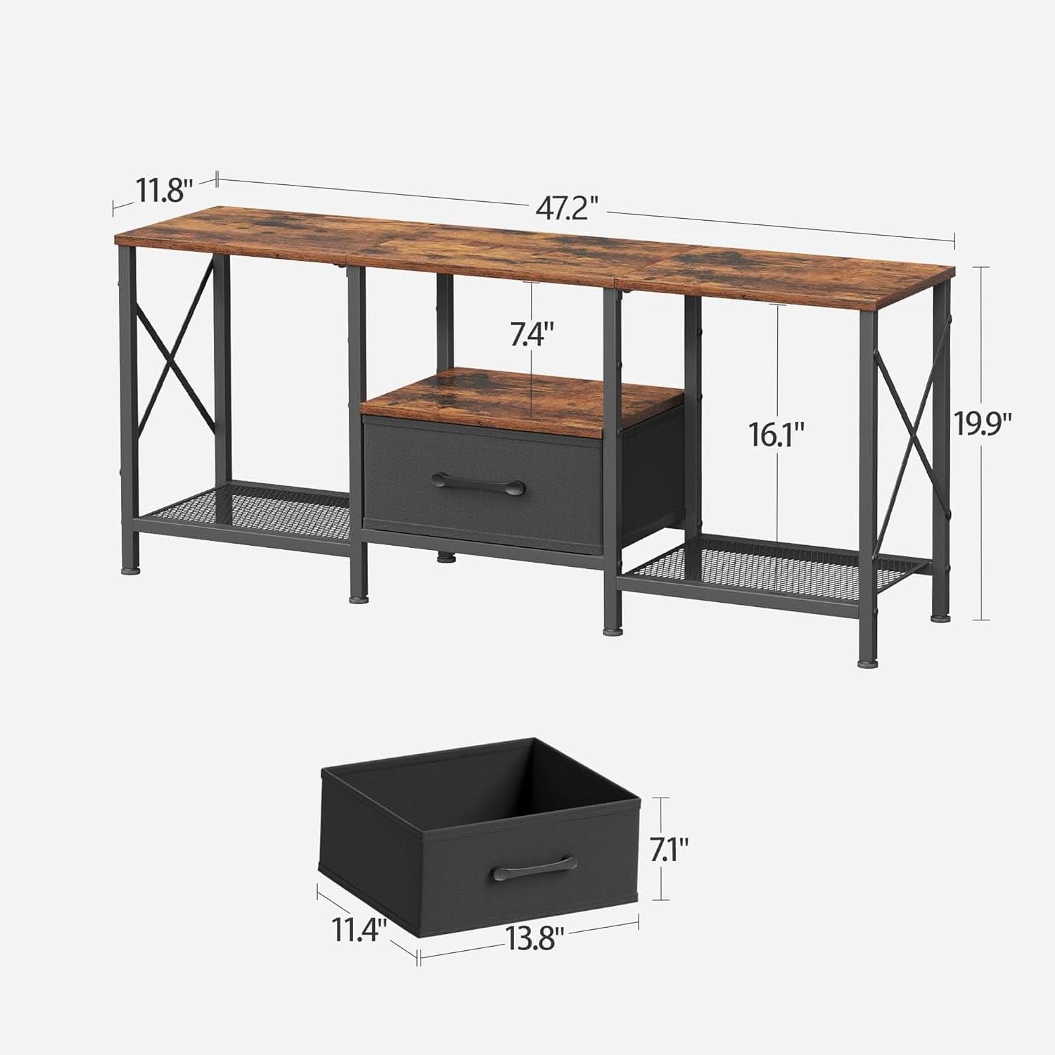 Industrial Television Console Rustic Brown Fabric Drawer