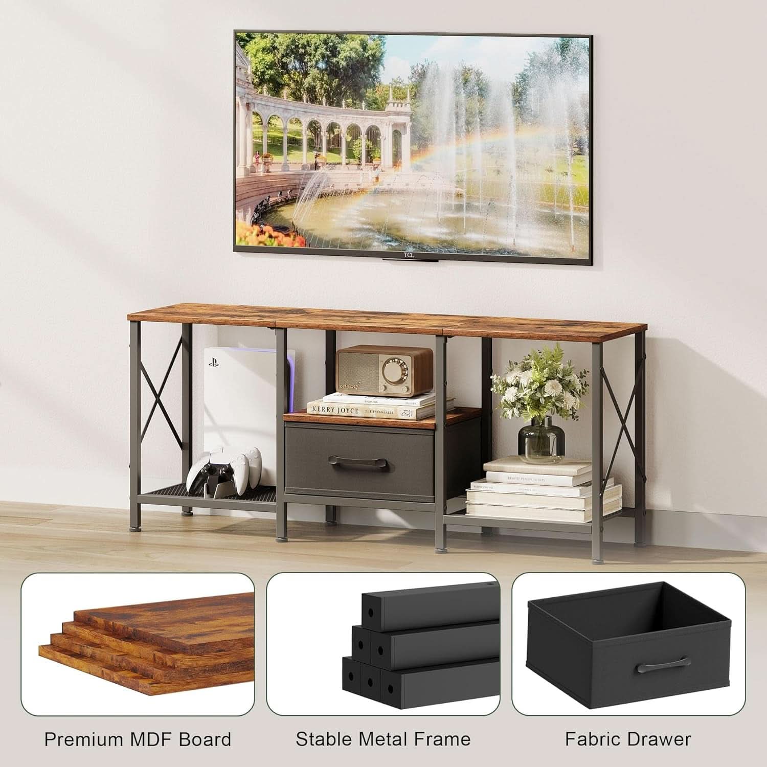 Industrial Television Console Rustic Brown Fabric Drawer
