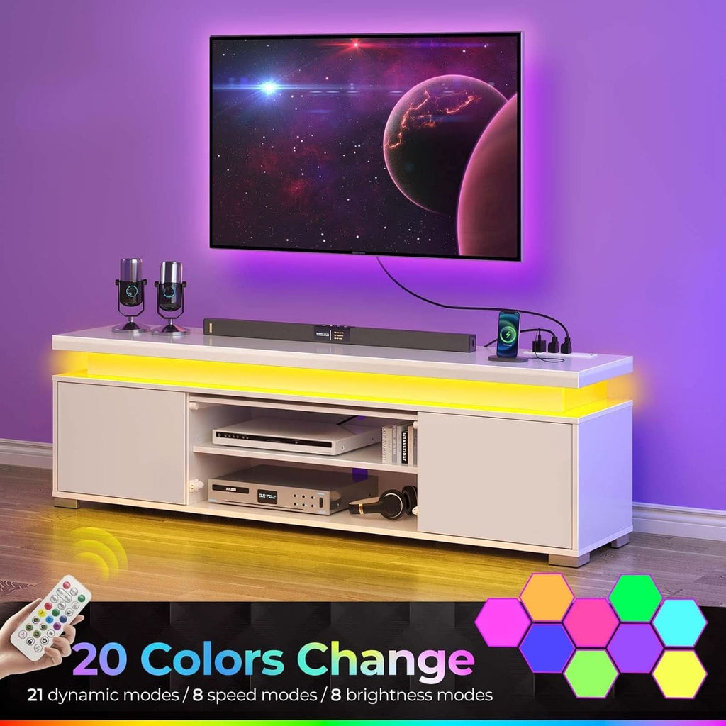 White Illuminated Television Stand With Power Outlet