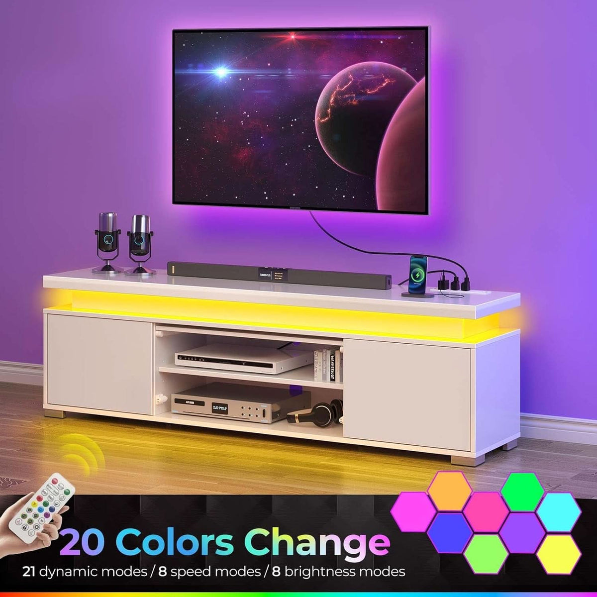 White Illuminated Television Stand With Power Outlet