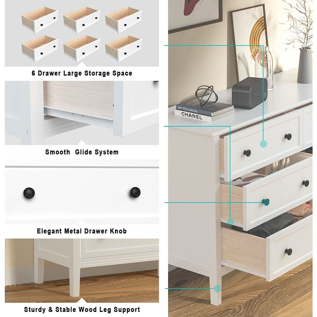 Modern White 6-Drawer Dresser With Metal Handles Bedroom