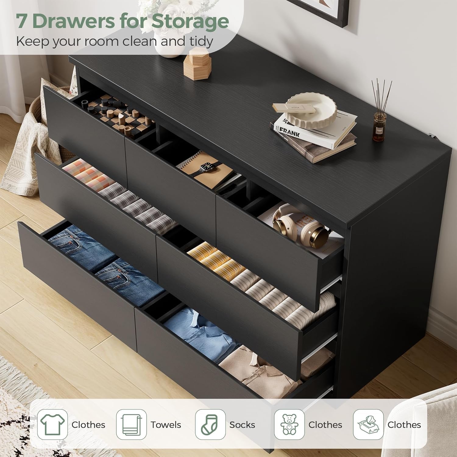 Black Seven Drawer Contemporary Wooden Dresser Bedroom