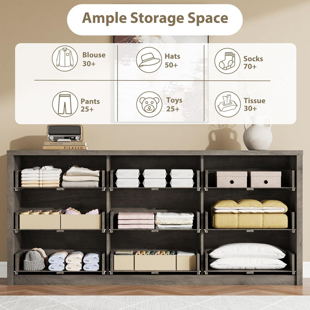 Nine Drawer Wooden Dresser With Soft Close Mechanism Bedroom