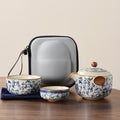 Blue and white beige Ru kiln travel tea set one pot three cups outdoor portable entwined lotus ceramic retro teapot