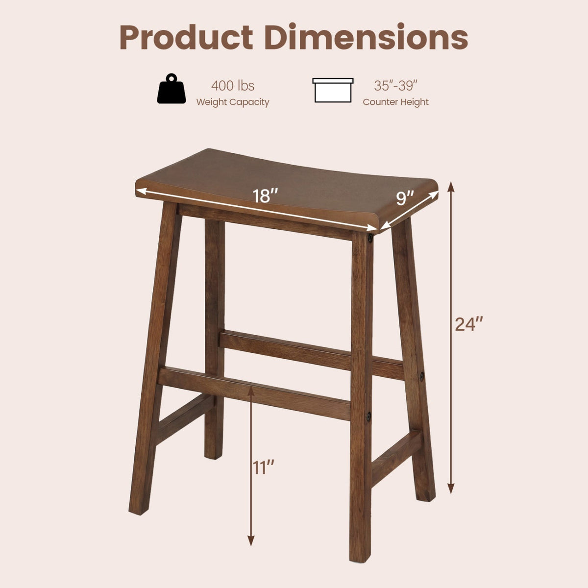 24 Inch Counter Height Stools Solid Wood Saddle Bar Stools Set of 2