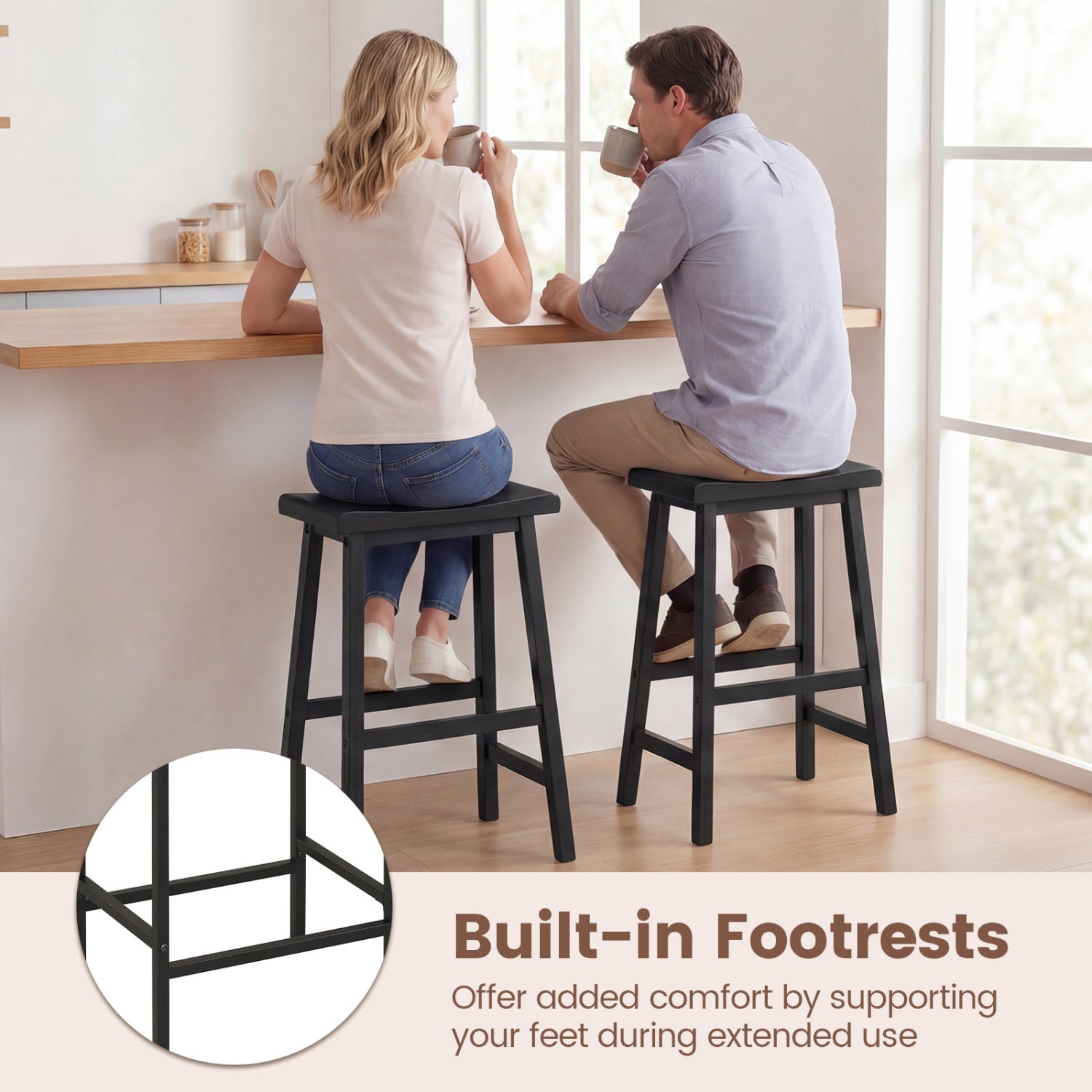 24 Inch Counter Height Stools Solid Wood Saddle Bar Stools Set of 2