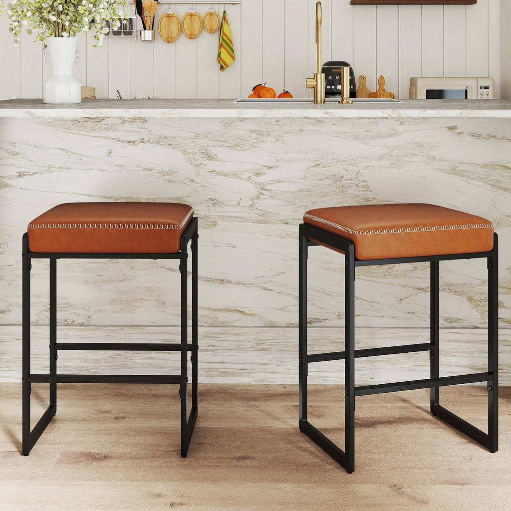 26 inch Bar Stools Set of 2 Counter Height Barstools with Faux Leather Upholstered Seat