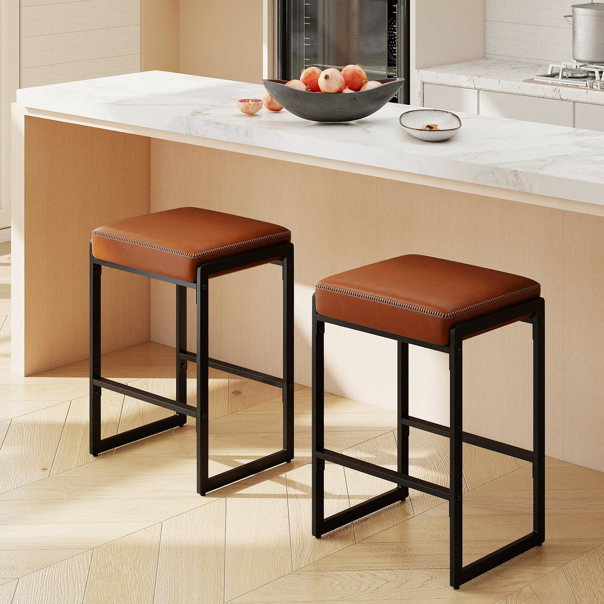 26 inch Bar Stools Set of 2 Counter Height Barstools with Faux Leather Upholstered Seat