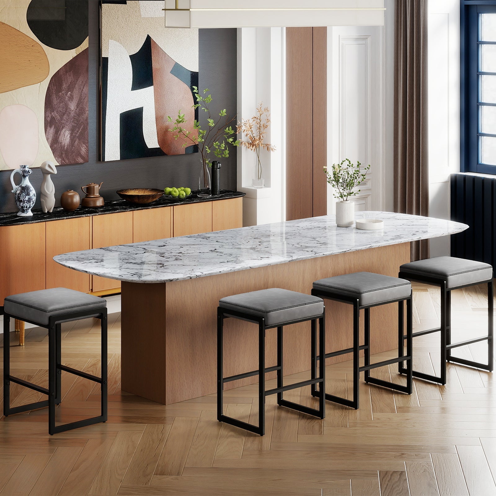 26 inch Bar Stools Set of 2 Counter Height Barstools with Faux Leather Upholstered Seat