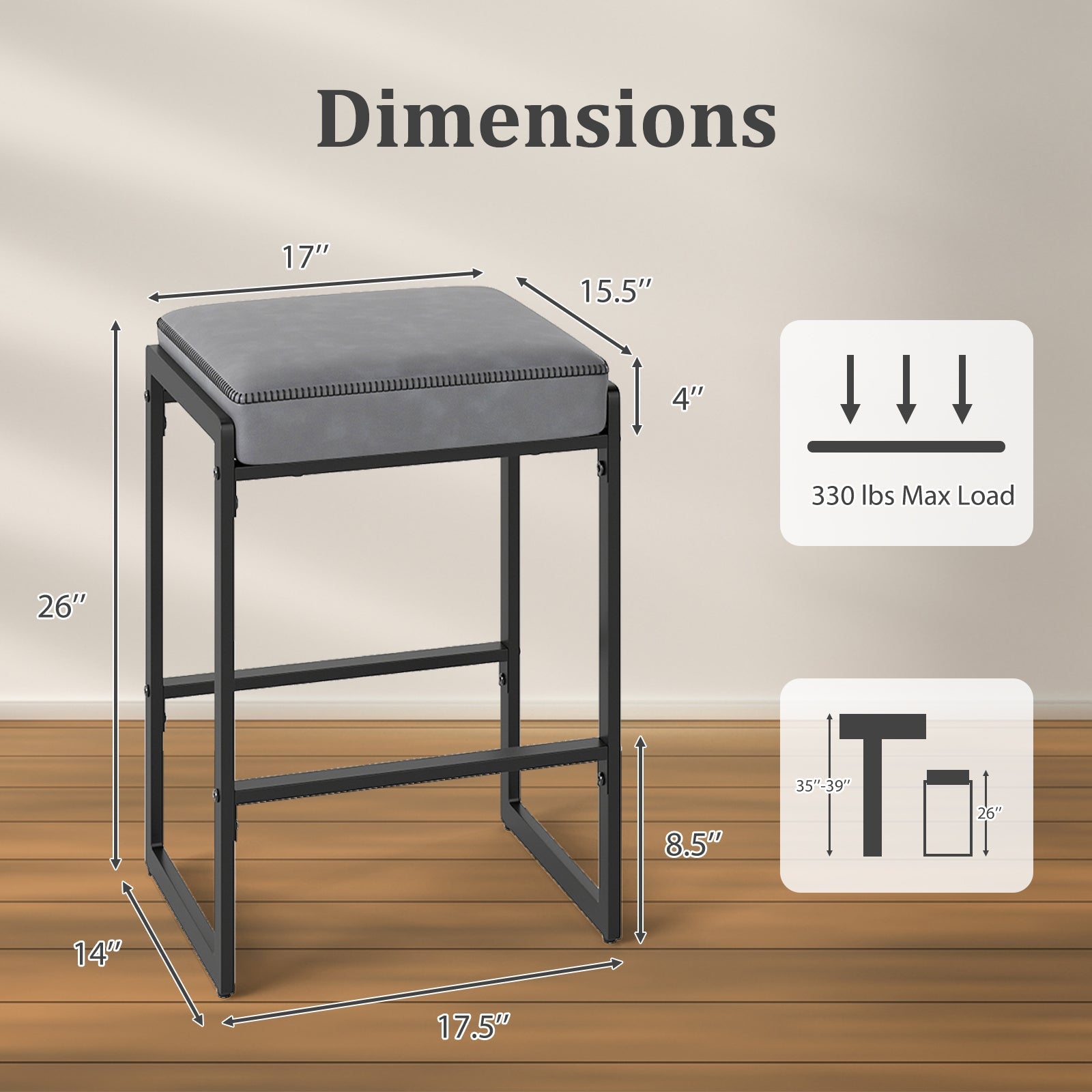 26 inch Bar Stools Set of 2 Counter Height Barstools with Faux Leather Upholstered Seat