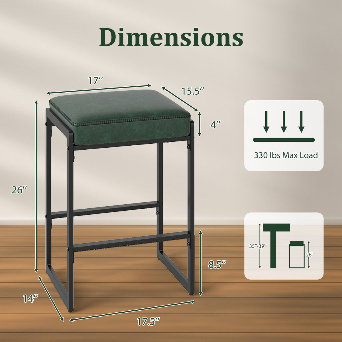 26 inch Bar Stools Set of 2 Counter Height Barstools with Faux Leather Upholstered Seat