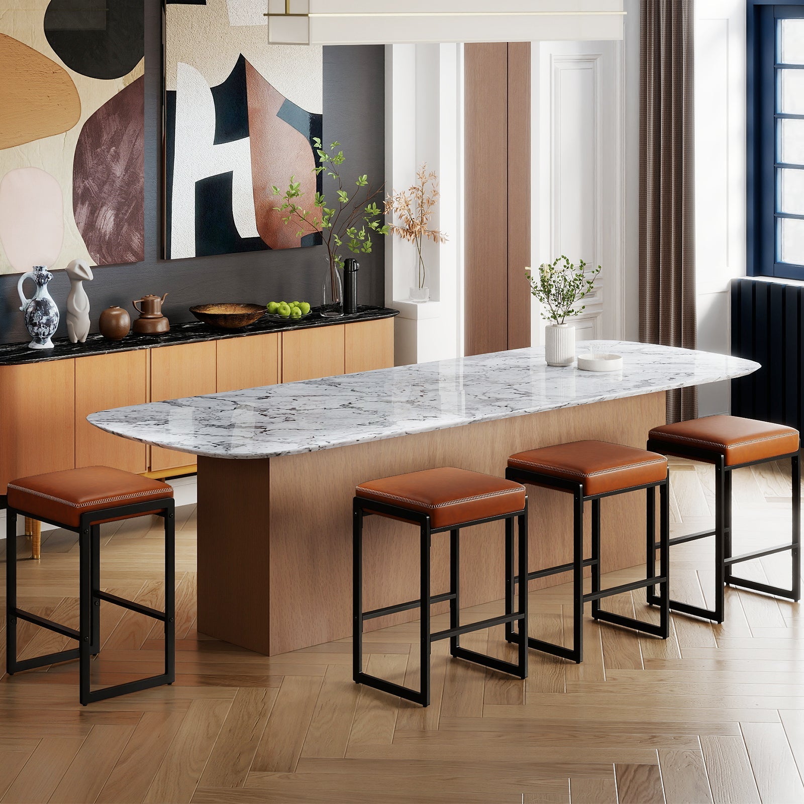 26 inch Bar Stools Set of 4 Counter Height Barstools with Faux Leather Upholstered Seat