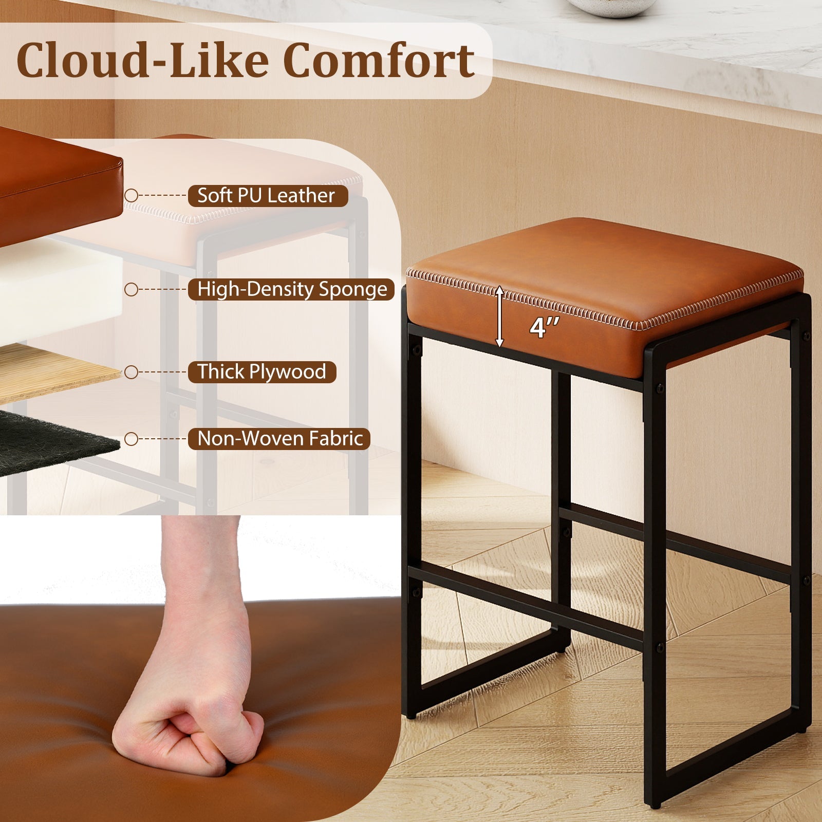 26 inch Bar Stools Set of 4 Counter Height Barstools with Faux Leather Upholstered Seat