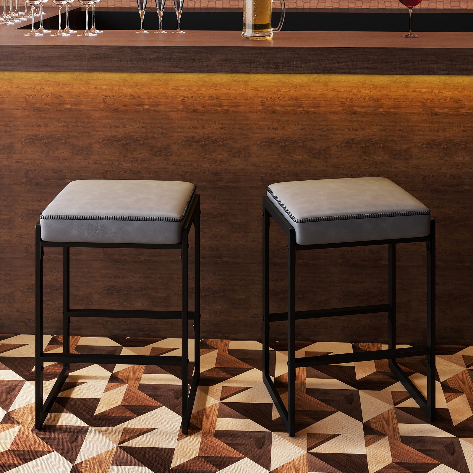 26 inch Bar Stools Set of 4 Counter Height Barstools with Faux Leather Upholstered Seat