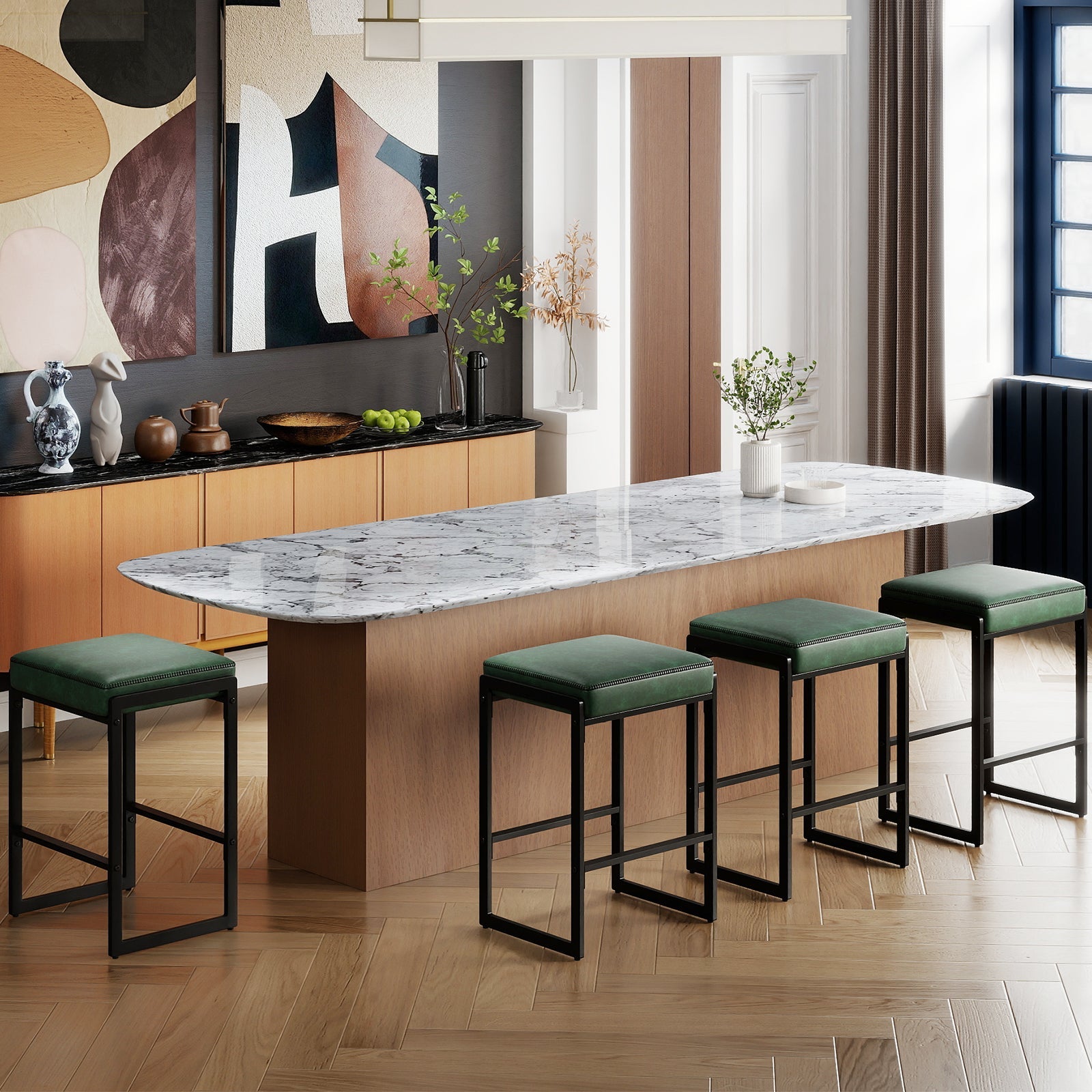 26 inch Bar Stools Set of 4 Counter Height Barstools with Faux Leather Upholstered Seat