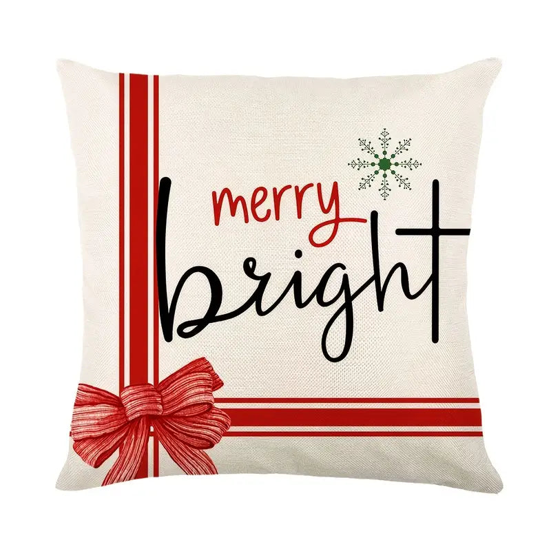 Linen Throw Pillow Case with Christmas Hat & Tree Print