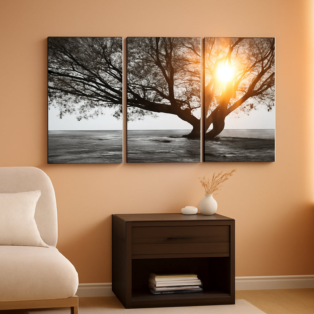 Three Piece Black White Tree Landscape Framed Canvas
