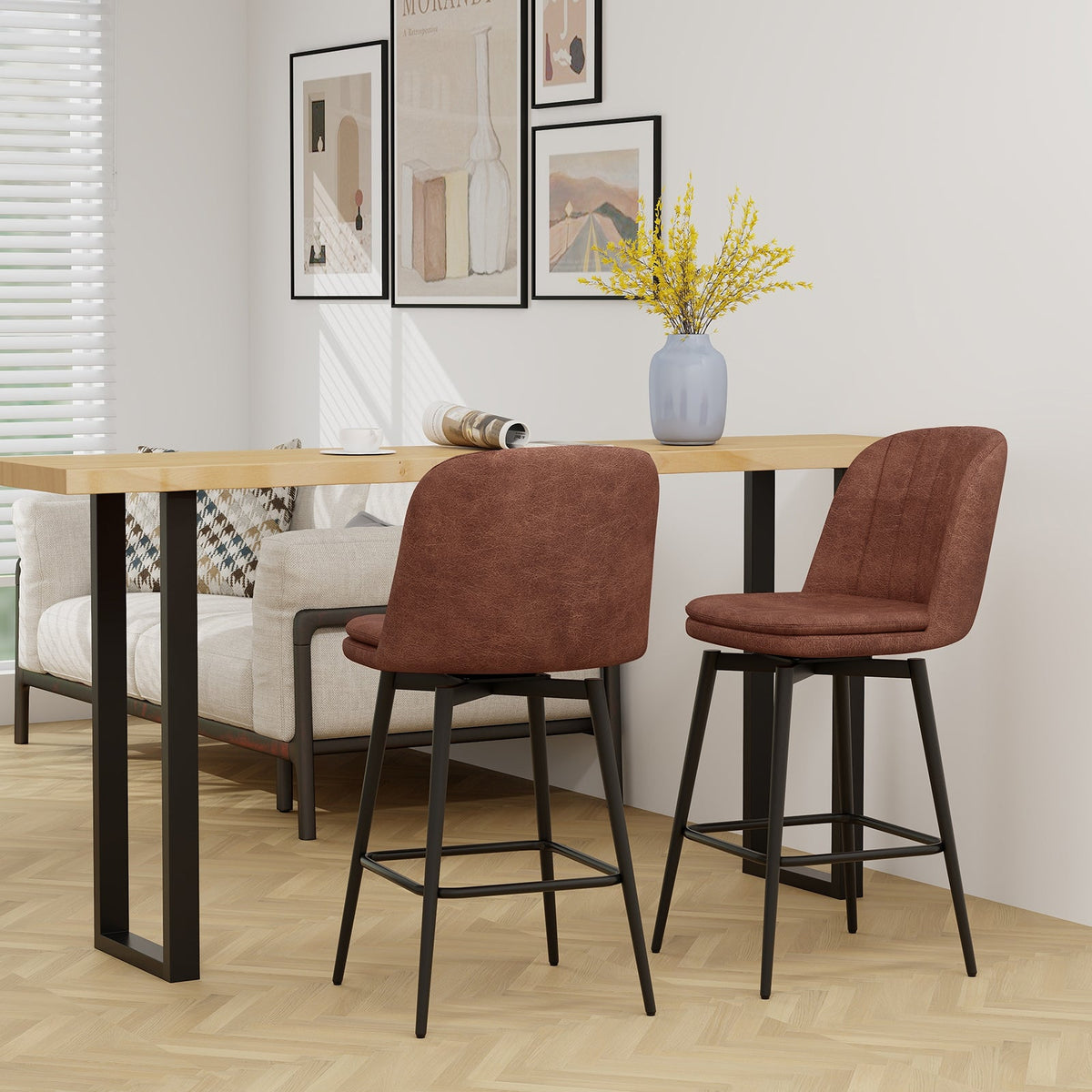 27 Inch Swivel Bar Stool Set of 2 Counter Height Chair with Padded Seat-Black and Brown