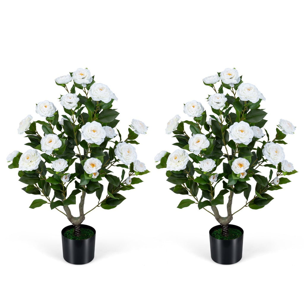 2-Pack Artificial Camellia Tree Faux Flower Plant in Cement-Filled Pot