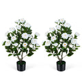 2-Pack Artificial Camellia Tree Faux Flower Plant in Cement-Filled Pot