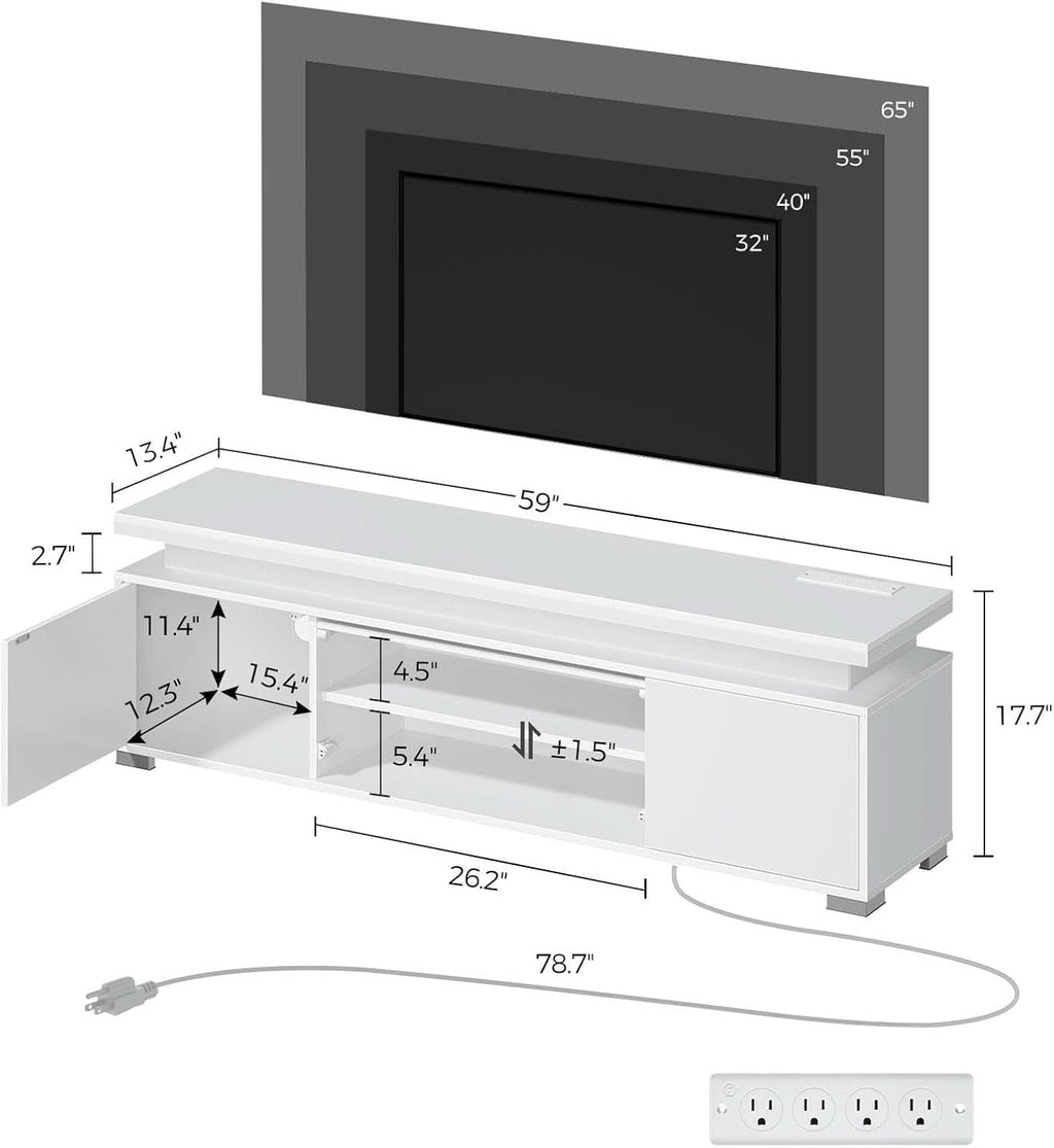 White Illuminated Television Stand With Power Outlet