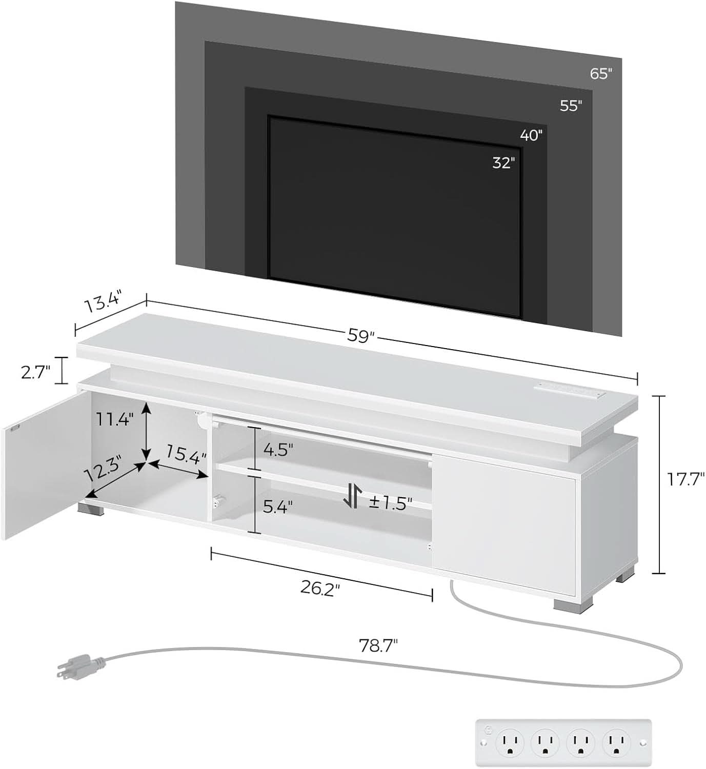 White Illuminated Television Stand With Power Outlet