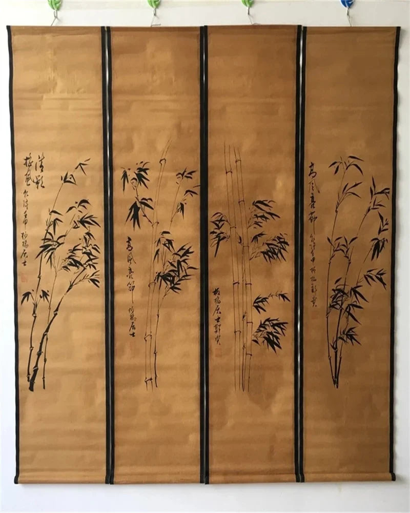 Original Chinese Bamboo Scroll Painting – Four-Panel Wall Mural