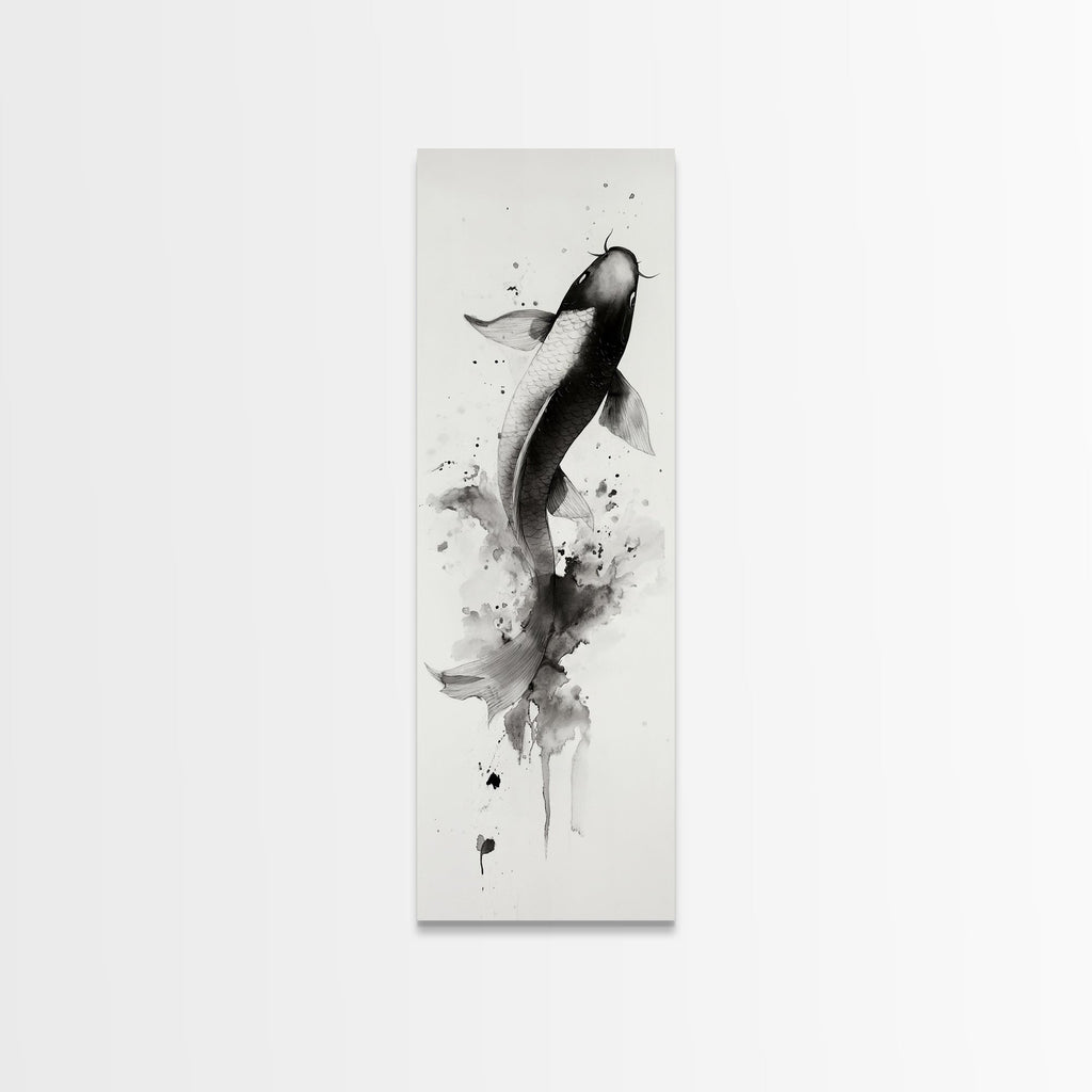 Tall Skinny Koi Fish Painting Print, Black and White Wabi Sabi Wall Art, Koi Fish Wall Decor, Japanese Style Elegant Artwork, Narrow Wall Art