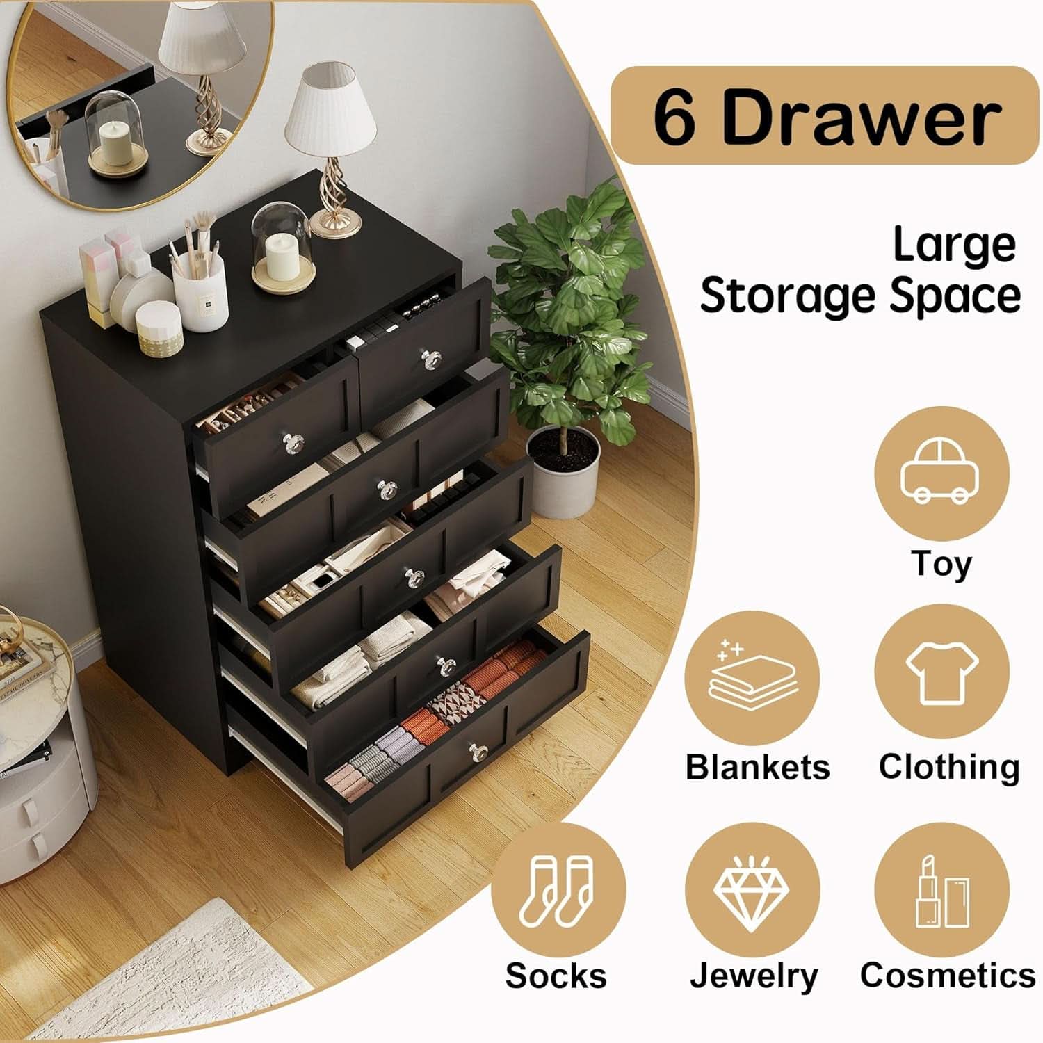 Black Fluted 24 Inch Dresser For Bedroom Storage Solutions