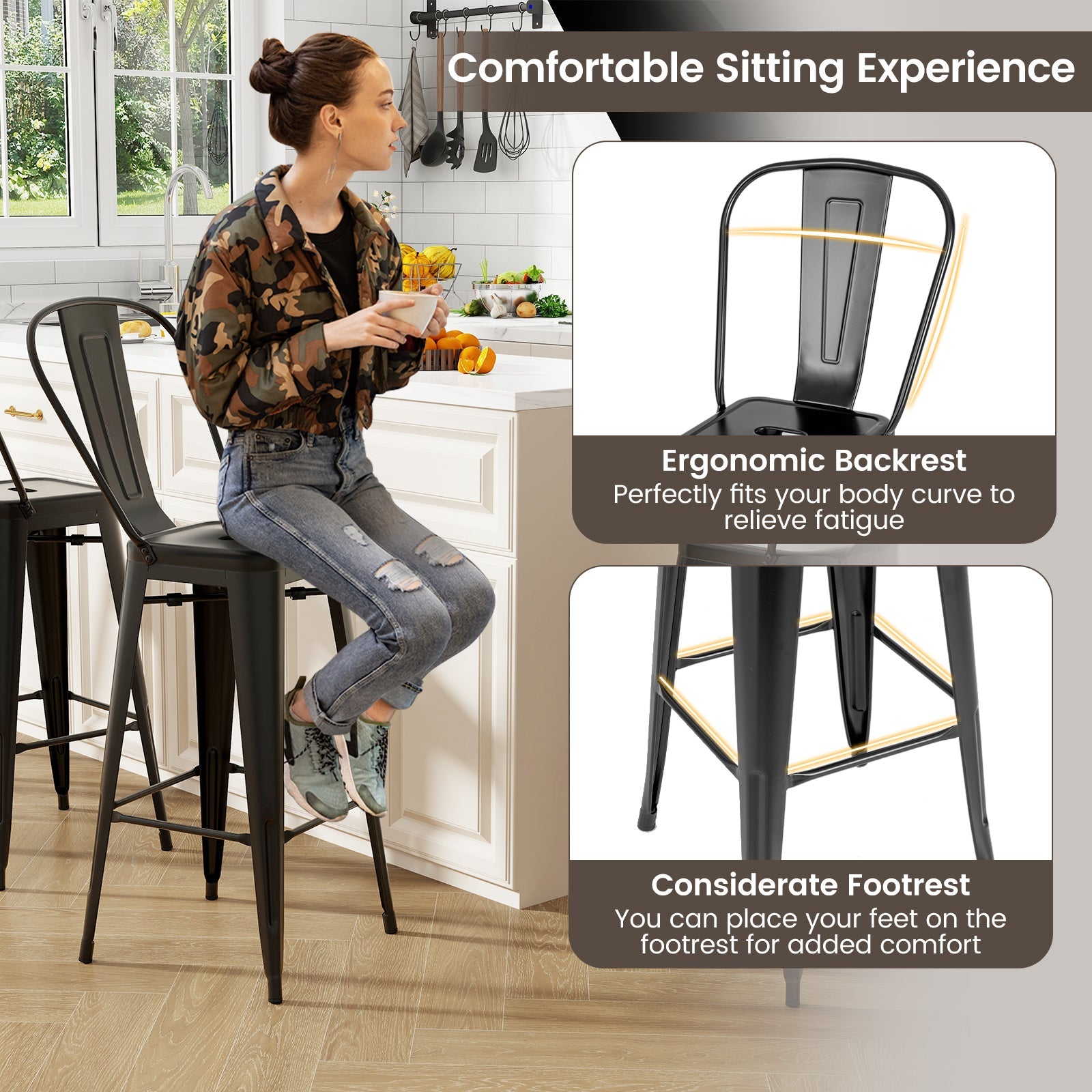 Set of 4 Bar Height Chairs Stackable Metal Bar Stools with Removable Backrest