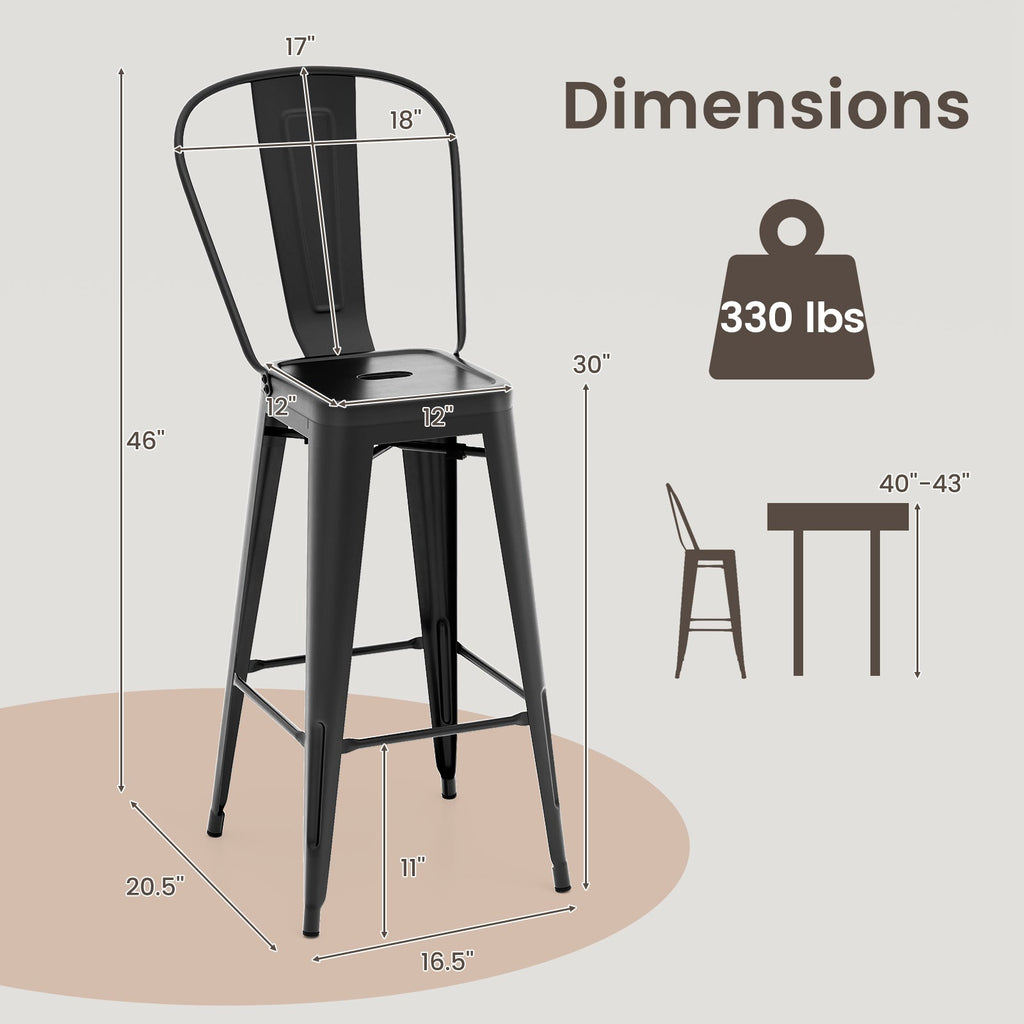 Set of 4 Bar Height Chairs Stackable Metal Bar Stools with Removable Backrest