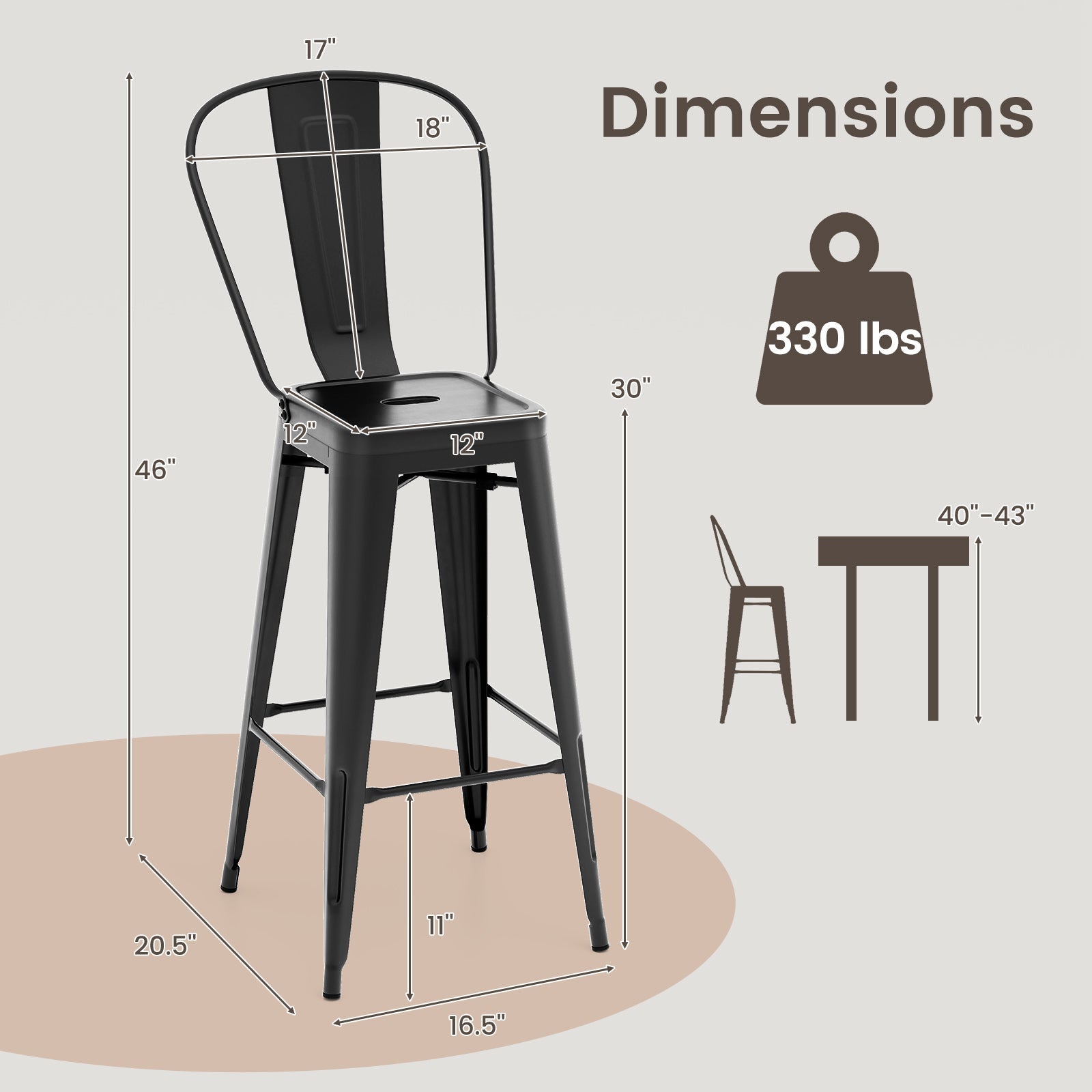 Set of 4 Bar Height Chairs Stackable Metal Bar Stools with Removable Backrest